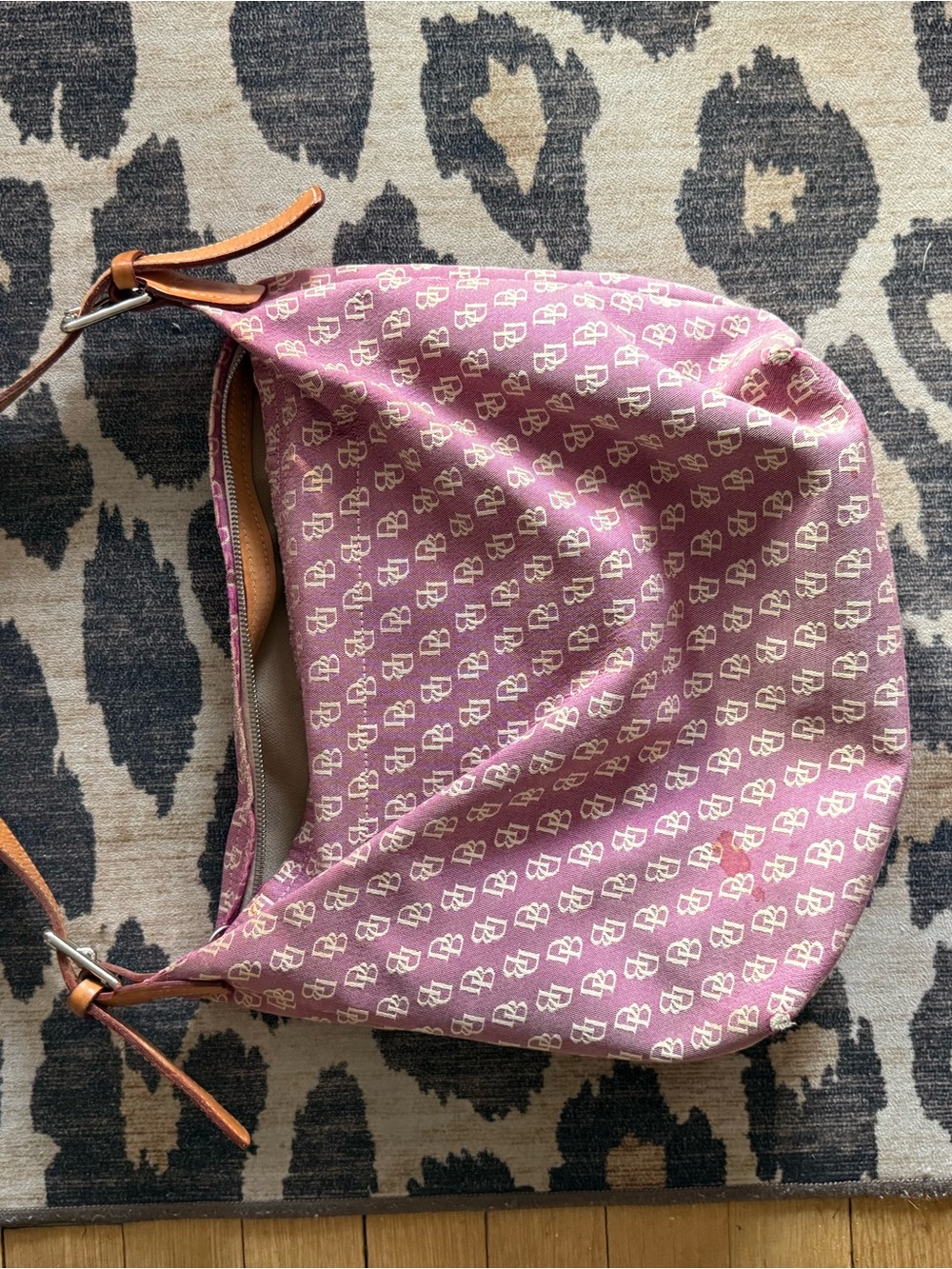 Dooney & Bourke Pink Monogram Canvas Tote with Tan Leather Trim, damages shown